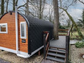 A small wooden cabin with curved black roof and deck with stairs around a tree at Hawthorn in Dungiven Londonderry