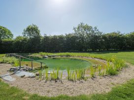 A natural swimming pond with wooden handrails and surrounding plants in a garden