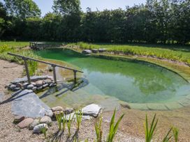 A natural swimming pond with stone steps and plants surrounded by grass and trees at Spindle South Leigh near Witney