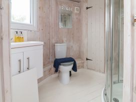 A bathroom with a toilet a shower and a sink cabinet with soap dispensers at Sandy Bay near Hartland