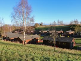 A view of holiday lodges on a grassy hillside with leafless trees and clear blue sky at The Sanctuary in Badgers Retreat Holiday Park near Catterick Garrison North Yorkshire