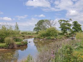 A small pond surrounded by plants and trees under a partly cloudy sky at Yeabridge Farm in Mosterton near Beaminster