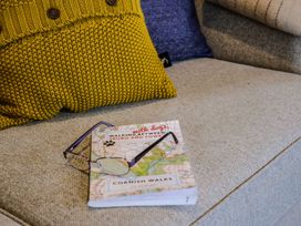 A sofa with a yellow knitted cushion a blue cushion a book titled Cornish Walks and a pair of glasses on it at The Mill in Lostwithiel