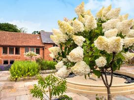 A garden with flowering trees and shrubs in front of a brick house with tiled roof at Lime Cottage in Aylesbeare