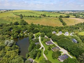 An aerial view of houses near a lake surrounded by trees at 2 Miller's Island near Lanreath