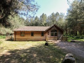 A wooden cabin with a small porch surrounded by trees and grass at Rowan Lodge in Rosliston