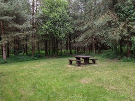 A picnic table with benches on grass surrounded by tall trees at Oak Lodge in Rosliston