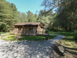 A wooden cabin surrounded by trees with a gravel path and picnic table at Oak Lodge in Rosliston