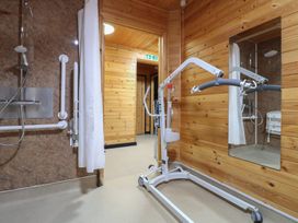 A bathroom with a shower, grab bars, a white curtain, a ceiling-mounted lift, and a mirror on wooden walls at Chestnut Lodge in Rosliston