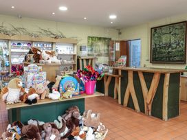 A gift shop with stuffed animals toys and pinwheels on display and a wooden counter at Chestnut Lodge in Rosliston
