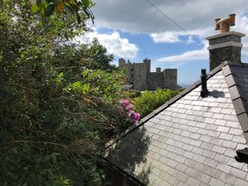 A stone castle in the distance surrounded by green trees next to a house roof with chimney stacks in Harlech