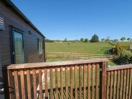 A view from a deck towards a field with a horse at Fir Lodge in Whitby