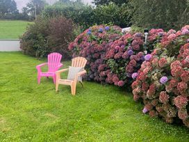 Two chairs beside hydrangea bushes in the garden at Dromclough Farmhouse Dromclough near Listowel, County Kerry