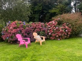 Two chairs in a garden with flowering shrubs at Dromclough Farmhouse in Dromclough near Listowel, County Kerry
