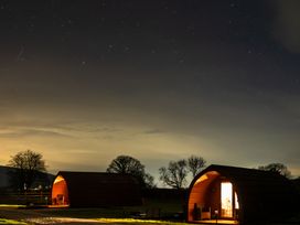 Two camping pods and trees under a starry sky at Ty Twt Teifi Tregaron