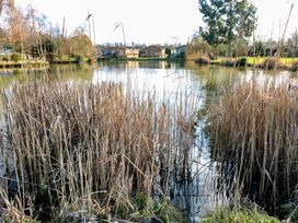 A pond with tall reeds and houses in the background at Stones Throw Marston near Barkston