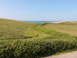 A coastal view with grass and a path at Jacana Perranporth
