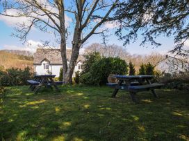 A garden area with two picnic tables under a large tree and a white house in the background at Sycamore Apartment in Lifton