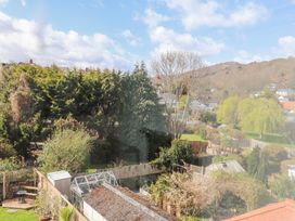 A backyard with greenhouses trees fences and garden furniture at Dolawen Bach in Conwy