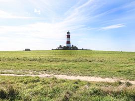 A grassy field with a red and white striped lighthouse and small buildings under a blue sky at The Ivy in Happisburgh East Anglia