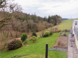 A garden with shrubs and grass next to a patio and a field with sheep at Hideaway in Great Torrington