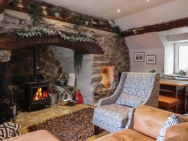 A living room with a wood burning stove in a stone fireplace and patterned armchair at Top Cottage in Barmouth