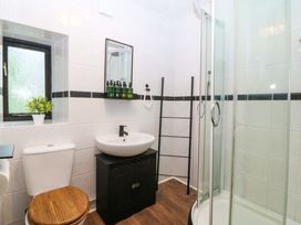 A bathroom with a shower and toilet at Waterfall Retreat in Blaenau Ffestiniog