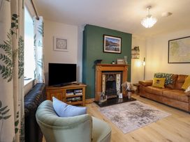 A living room with a fireplace television green armchair and brown sofa at Gwynfa in Ysbyty Ifan