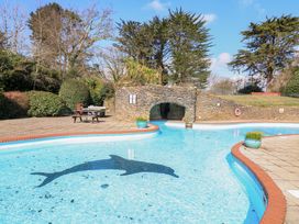 An outdoor swimming pool with a dolphin pattern on the floor and a stone archway at the edge of the pool at Millers Loft in Modbury