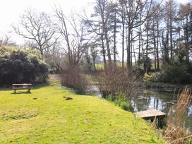 A grassy area with a wooden bench near a small river and trees at Millers Loft in Modbury