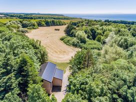 A small wooden cabin surrounded by dense trees near a large open field with the sea in the background at Bugail Hut in Llantwit Major