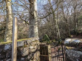 A wooded area with leafless trees a stone wall with moss a metal gate and a wooden signpost for Clywedog Torrent Walk at Clywedog Cottage in Dolgellau