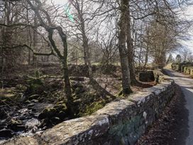A narrow road with stone walls on the side next to leafless trees and a rocky stream at Clywedog Cottage in Dolgellau