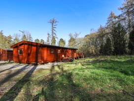 A wooden cabin with a small porch and steps surrounded by grass and trees at Forest Lodge in Kenwick Woods