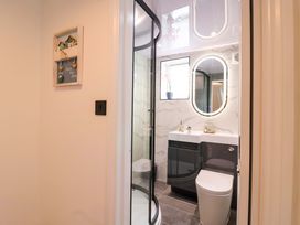 A bathroom with a shower, toilet, and sink at Lilly's Cottage in Dawlish