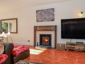 A living room with a fireplace and a television at Delmonte Lodge in Torquay