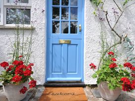 An outdoor entrance with a blue door and flower pots at 2 Porthilly Cottages in Rock