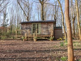 A wooden shepherds hut in a forest clearing with flowers in pots at Woodlands Retreat Shepherds Hut Brundish near Laxfield