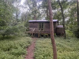 A cabin in the woods near a path at Woodlands Retreat Shepherd's Hut Brundish near Laxfield