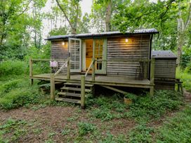 A wooden hut with steps and railing in a green forest at Woodlands Retreat Shepherd's Hut Brundish near Laxfield