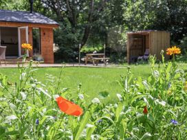 A garden with flowers and a wooden shed at Roe Deer Lodge in Littlebeck near Sleights