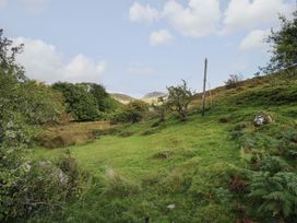 A green grassy hillside with scattered trees and bushes under a blue sky with clouds at Tyn Y Graig in Fairbourne