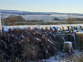 A snowy landscape with a wall and bushes at Petty Knowes Cottage, Rochester near Otterburn