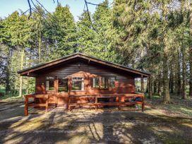 A wooden cabin with a small porch and outdoor seating surrounded by tall trees at Goldcrest in Withern near Alford