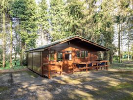 A wooden cabin with a small porch and chairs in a forested area at Goldcrest in Withern near Alford
