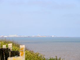A coastal view with water and vegetation in the foreground and industrial buildings and a ferris wheel in the background at No 108 Waterside in Corton
