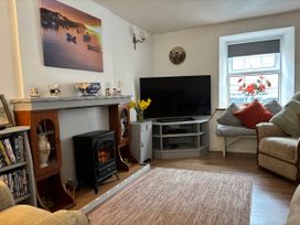 A living room with a television and a fireplace at Coedmor in Newport, Pembrokeshire
