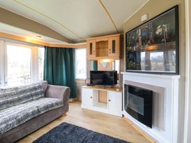 A living room with a sofa a television on a cabinet and a fireplace at Beatrice's Static Caravan in Spalding