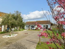 A courtyard with a paved circular driveway an olive tree and a flowering tree in front of single story houses at Plimoth N9 in Yarmouth