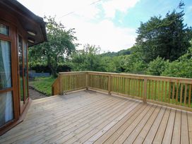 A deck area with railings and trees in the background at Dunromin in Montgomery